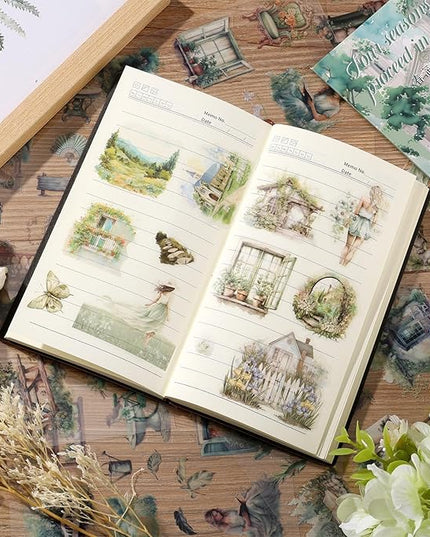 Auguro PET 20 Sheets 120 Pre-Cut Spring Journal Sticker Book for Scrapbooking People Landscape Stickers Transparent Sticker for journaling
