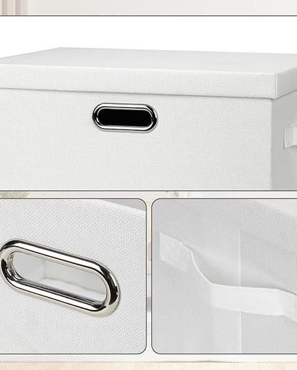 Large 17" 36 Quart Collapsible Stackable Storage Bins with Lids, 1 Pack White Foldable Fabric Closet Storage Boxes with Lids, 4 Handles Heavy-duty Linen Cube Baskets for Bedroom