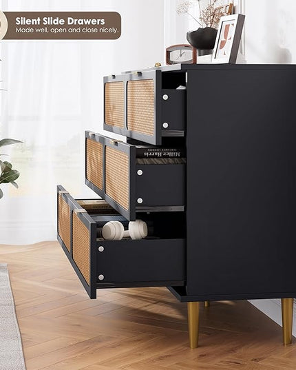 Garvee Rattan Dresser with 6 Drawers, Tall Modern Closet with Deep Storage, Large Chest of Drawers with Wide Top, Long Wooden Dresser for Bedroom, Living Room, Hallway, Kids Room, Black