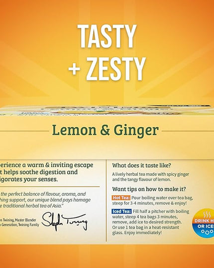 Twinings Lemon & Ginger Herbal Tea Individually Wrapped Bags, 50 Count (Pack of 6), Tangy Lemon & Spicy Ginger, Naturally Caffeine-Free, Enjoy Hot or Iced, 300 Teabags