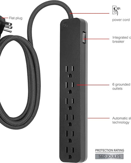 GE UltraPro 6 Outlet Surge Protector, 6 Ft Designer Braided Extension Cord, Flat Plug, Long Power Cord, Wall Mount, Black, 45271