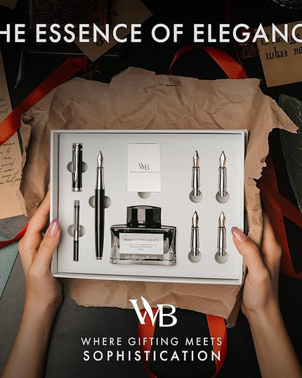 Wordsworth & Black Fountain Pen Gift Set, Includes Ink Bottle, 6 Ink Cartridges & A Refill Converter, 4 Replacement Nibs, Premium Package, Journaling, Calligraphy, Smooth Writing Pens [Black Chrome]