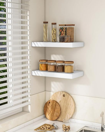 RICHFOCUS 16Inch Floating Shelves for Wall 2 Pack Shelves for Bedroom|Kitchen|Bathroom Wall Mounted Rustic Wood Floating Shelf with Invisible Brackets for Books|Storage|Decor, White