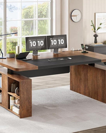 SEDETA 63" Executive Standing Desk with Storage, Executive Height Adjustable Desk with Power Outlets, Large Computer Office Desk with Privacy Panel for Home Office, Warm Golden Brown