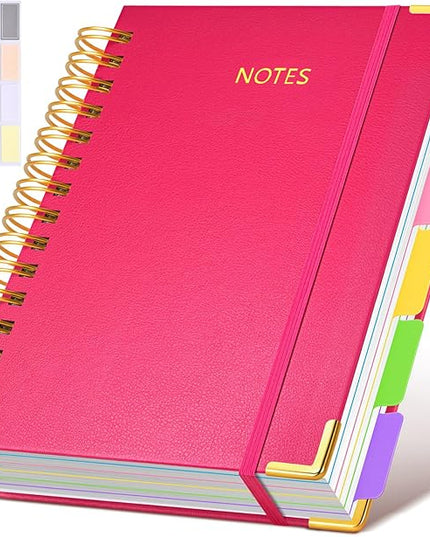 Hardcover Spiral Notebook journal with Removable Dividers Tabs, 300 Pages Leather 5 Subject Notebook College Ruled, 100GMS A5 Notebooks for Work School Note taking,Lined Journal for Women,A5-Rose