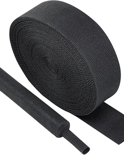 Black 2:1 Ratio Automotive Heat Shrink Braided Sleeving,Wear-Resistant Flat Woven Shrinkable Sleeve Fabric Car Cable Wires Hoses Protection (1-1/8"-8ft)
