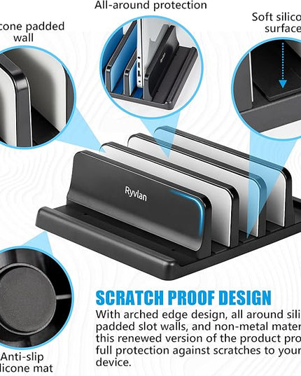 Ryvlan Vertical Laptop Stand, 3 Slot Adjustable Laptop Storage Rack and Desk Organizer, Silicone-Padded Holder for Multiple Devices Storage, Compatible Stand for Tablets and Devices up to 17 Inches