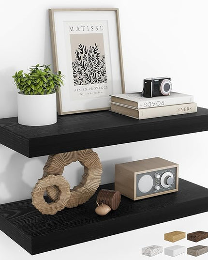 RICHFOCUS 24Inch Floating Shelves for Wall 2 Pack Shelves for Bedroom|Kitchen|Bathroom Wall Mounted Rustic Wood Floating Shelf with Invisible Brackets for Books|Storage|Decor, Black