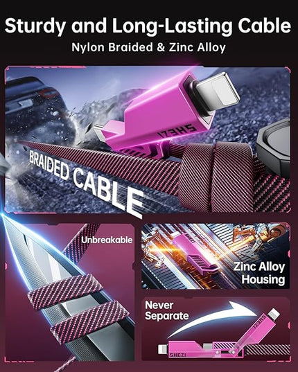 SHEZI [Upgraded 2.0] 4-in-1 USB C Cable 60W 10FT Fast Charging [480Mbps Data Sync] Flat Nylon Braided Charger Cord Combo, USB A/C to C/L Multi Charge Cable for iPhone/iPad & Most Devices, Pink