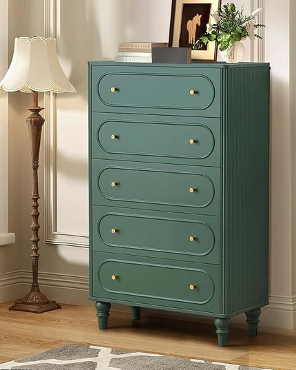 5 Drawer Fluted Dresser for Bedroom Set of 2, Mid Century Modern Chest of Drawers, Wood Storage Large Dresser Organizer for Bedroom Living Room Hallway Closet, Green