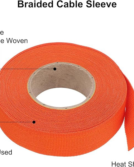 MECCANIXITY Braided Cable Sleeves Heat Shrinkable Fabric Sleeving, 7/8" 33ft Orange 2:1 Ratio Heat Shrinkable Cord Protector for Harness Cable, Network Cable Protection, Cable Management