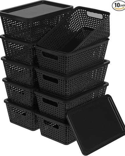 Plastic Storage Baskets With Lid, Storage Bins for Organizing, Stackable Decorative Containers for Shelves Drawers Desktop Closet Playroom Classroom Office,10 Pack-Black