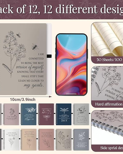 Kosiz 24 Pcs/12 Set Positive Affirmation Gifts Gratitude Spiral Notebooks with Pens Motivational Encouragement Notepads Daily Affirmations Journal for Women Valentine Galentine Gifts (Simple)