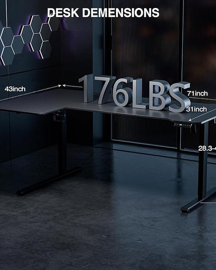 71 Inch L Shaped Standing Desk Adjustable Height,Gaming Electric Corner Standing Desk, Sit Stand Computer Table with Reversiable Splice Board, Black Carbon