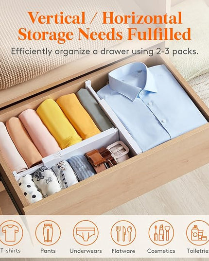 Lifewit 6 Pack Drawer Dividers for Clothes, 10.9-16" Adjustable Drawer Organizers, 4" High Plastic Expandable Drawer Separators in Bedroom/Office/Bathroom/Kitchen Storage, White