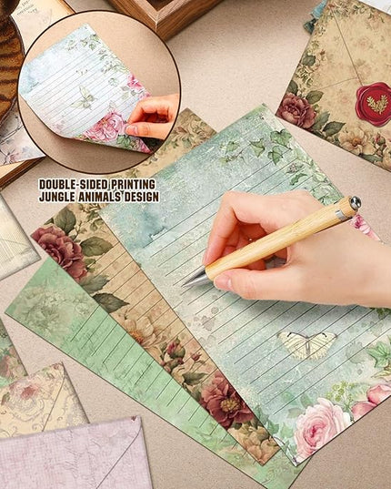 TaoBary 160 Pcs Stationery Paper Set 50 Double Sided Stationery Papers with 50 Matching Envelopes and 60 Round Dot Sticker, 10 Design(Vintage Floral,5.5 x 8.25 Inch)