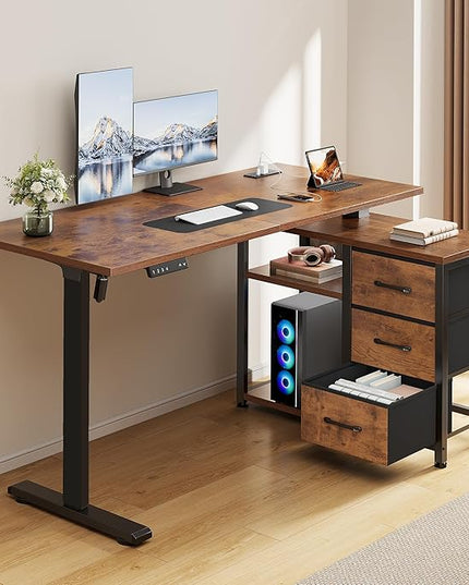 47 Inch L Shaped Standing Desk with 3 Drawers Electric Standing Desk with Storage Computer Desk Adjustable Height with Power Outlets 4 Memory Presets for Home Office, Rustic Brown