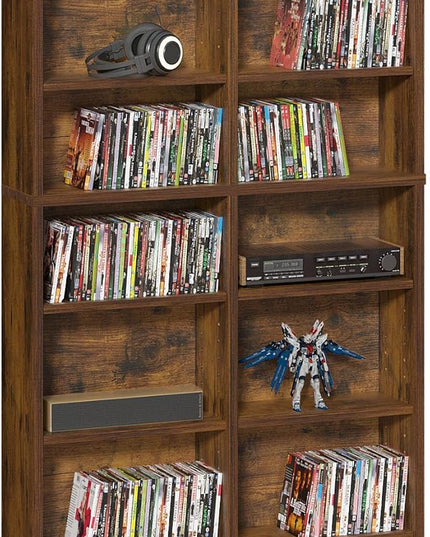 LELELINKY 7 Tier Tall Display Cabinet, Brown Media Storage Cabinet with Adjustable Shelves, Free Standing DVD Organizer Shelf, Floor Multimedia Storage Manga Bookshelf for Living Room & Home Office.