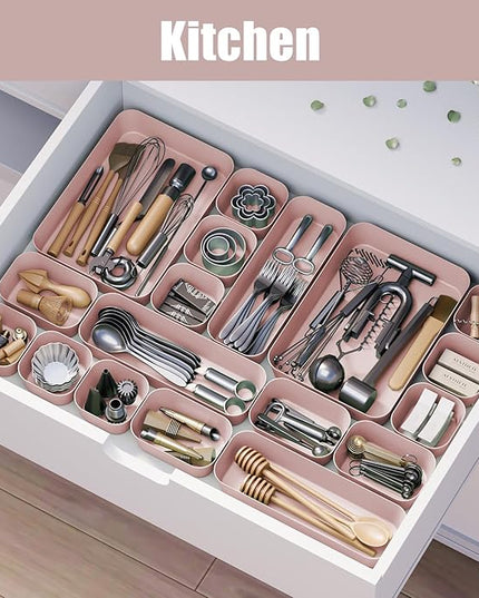 Plastic Drawer Organizers, 18 PCS Bathroom Drawer Organizer Bins, Desk and Vanity Organizer Plastic Tray, Makeup organizer and storage for Bedroom, Kitchen Gadgets Utensils and Office (Pink)