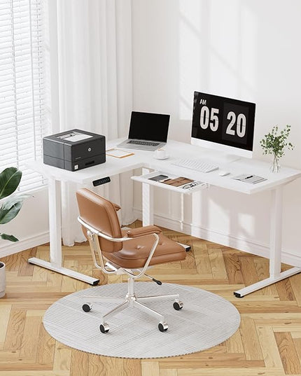 FLEXISPOT L Shaped Standing Desk, 63 x 47 Inch Electric Height Adjustable Corner Desk, Sit Stand Computer Workstation, Preset Controller, Home Office, White Frame with White Top, White Drawer