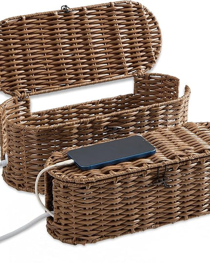 FairyHaus Cable Management Box 2Pack Brown, Handwoven Large and Small Cable Organizer Box Cover to Hide Cords and Power Strip, Imitation Wicker Cord Organizer Box Hider for Office Desk and Floor