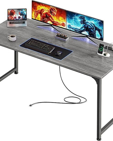 PRAISUN 54 X 20 Inch Office Computer Desk with Power Outlets and USB-C Port, Larger and Longer Gaming Desk, for Home Office, Study, Bedroom, Writing Work from Home Table, Metal Frame, Grey