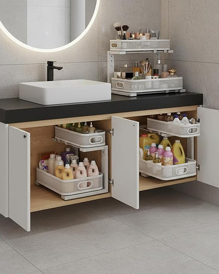 2 Pack Under Sink Organizer, Dual-Layer Pull Out Mesh Cabinet Rack with 5-Level Height Adjustment, Rust-Resistant Sliding Storage for Bathroom & Kitchen, Multi-Purpose 2-Tier Shelf