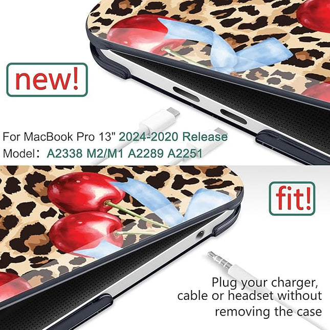 DONGKE Compatible with MacBook Pro 13 inch Case 2024 2023-2020 Release A2338 M2/M1 A2251 A2289 with Retina Display & Touch ID, Plastic Hard Shell & Keyboard Cover & Screen Film - Cherry & Leopard