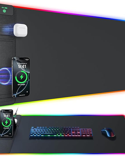 4-in-1 RGB Gaming Mouse Pad with Wireless Charging & Phone Stand, 31.5"x15.8" Large, 24 Light Effects, Non-Slip Base, Waterproof Ultra-Smooth Surface, with Adatper