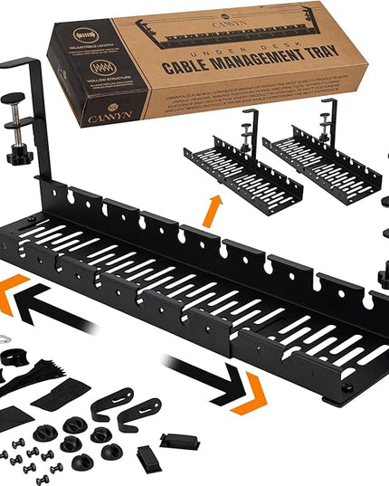 No Drill Under Desk Cable Management Tray - Extendable 16" to 31" Sturdy Steel Desk Cord Hider Raceway - Under Desk Cable Tray Holder with 38 Wire & Cable Rack Organizer Accessories - Black
