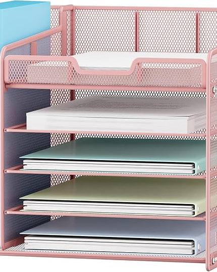 Lavatino Desk Organizer, 5-Tier Metal Mesh Paper Letter Tray with File Holder & 7 Flexible Dividers for Office or Home Desk Organizers and Accessories, Keep Workspace Supplies Neat & Organized, Pink