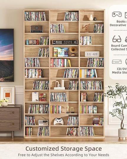 LELELINKY 11 Tier Tall Display Cabinet, Natural Media Storage Cabinet with Adjustable Shelves, Free Standing DVD Organizer Shelf, Multimedia Storage Manga Bookshelf for Living Room & Home Office.