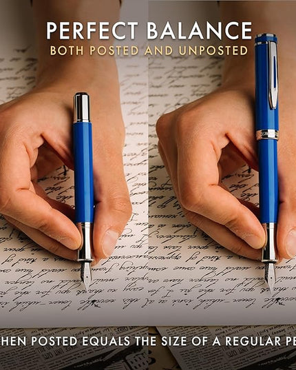 Wordsworth and Black Fountain Pen Mini EDC: Luxury Blue Heavy Pocket Pen, Chrome Finish, Medium Nib, 6 Ink Cartridges, Ink Converter, Travel Refillable Writing Pen Gift Set, Men & Women