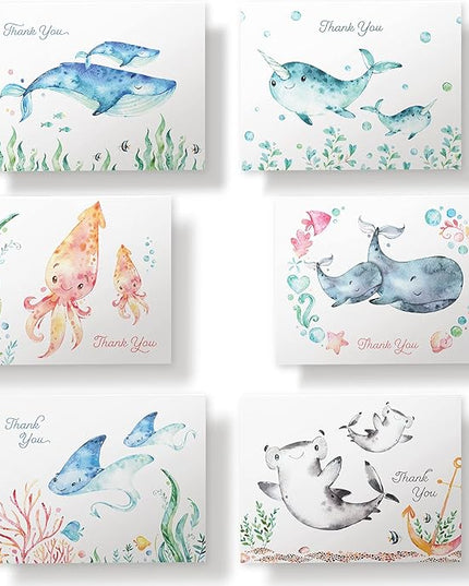Twigs Paper Thank You Card Set - 12 Assorted Greeting Cards For All Occasions - Thank You Cards with Envelopes - Appreciation Cards - Eco Friendly - Made In USA - 5.5 x 4.25 Inch Size - Ocean Themed