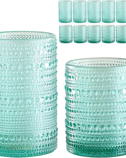 Vintage Glassware Drinking Glasses Set of 12,Light Blue 12oz & 15oz Hobnail Glass Cups,Embossed Water Tumbler,for Beer,Cocktail,Whiskey,Juice and Various Mixed Drinks- 1 Cleaning Brush