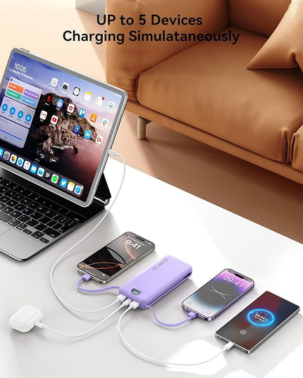 12000mAh Ultra-Portable-Charger-Power-Bank with Built in Cables&AC Wall Plug,PD20W USB-C Fast Charging Cell Phone Charger Battery Pack,LED Display Travel Battery Bank for All iPhone,Samsung,Android