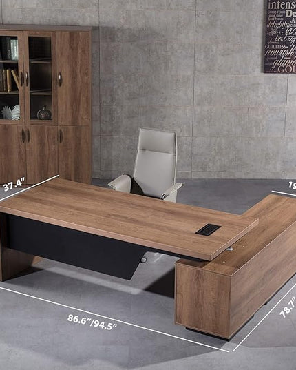 Retractable L-Shaped Executive Desk, Modern Office Desk with Drawers and Lateral File Cabinet, Large Computer Desk with Storage Shelves, Workstation for Home Office (Left Return, 86.6 - 94.5 IN)
