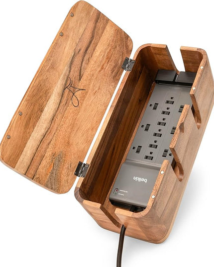 Cable Management Box & Cord Organizer- Cable Organizer for Desk, Home, Office. Hides Wires, Surge Protectors, Power Strips. Eco Friendly Mango Wood Cord Management Solution (Natural Acacia)