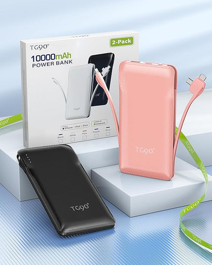 TG90° 2 Pack 10000mAh Portable Charger Slim Power Bank with Built in Cables,Travel Charger Cell Phone External Battery Pack,4 Output External Battery Pack Compatible with iPhone and Android Devices