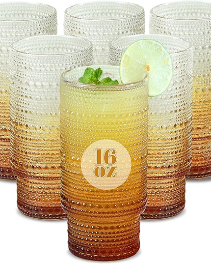 6pcs Hobnail Drinking Glasses Set, 16 oz Vintage Glassware Drinking Glasses, Gradual Amber Water Glasses Tumbler, Thanksgiving Cups for Kitchen, Juice, Beer, Cocktail, Whiskey