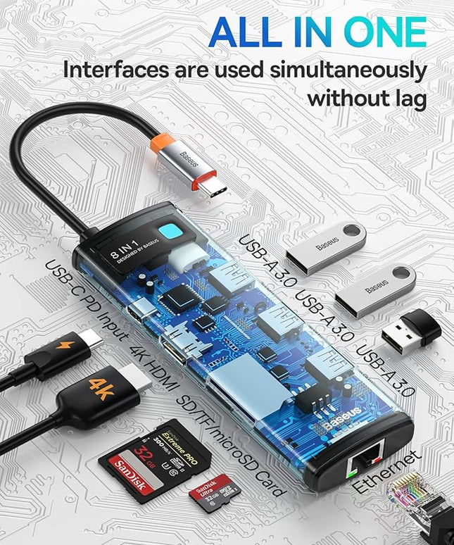 Baseus 8-in-1 USB C Hub Docking Station, USB C Adapter with 4K HDMI, 3 USB 3.0, TF/SD Reader, Ethernet, 100W Power Delivery Compatible with MacBook, Surface, iPad, Steam Deck or Other Type C Devices