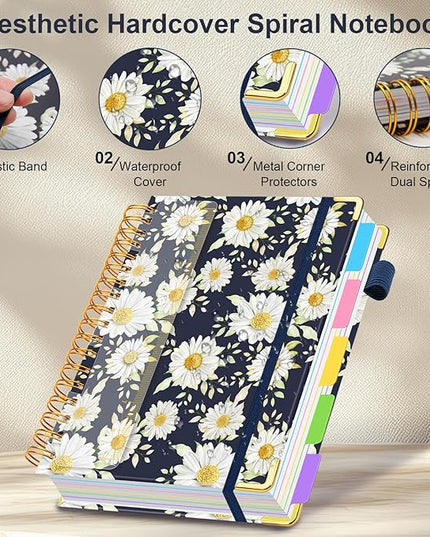 Spiral Journal Notebooks for Work, 300 Pages 5 Subject Notebook College Ruled with Dividers & Tabs, 8''x 10'' Large Notebook Journal for Women Students Note-Taking and Organizer (White Daisy)
