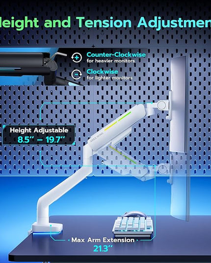 Ultrawide Monitor arm for 17-49'' Heavy Duty Screen up to 44lbs, Gas Spring Single Monitor Arm with RGB Light, Adjustable Gaming Computer Monitor Arm for Desk, White