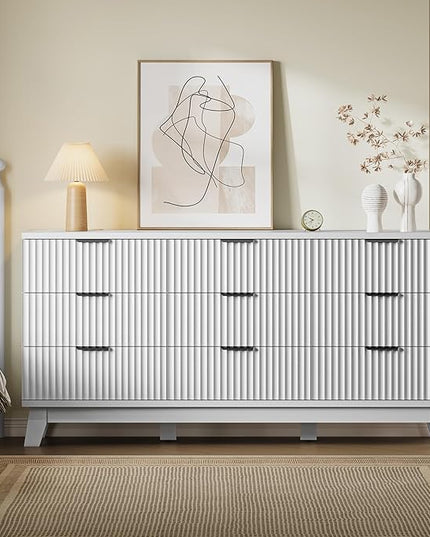 BORNOON 63" Long Dresser for Bedroom, 9-Drawer Fluted Dresser, Extra-Wide Wood Chest of Drawers with Smooth Metal Slides, Stable Base, Modern Clothes Storage Cabinet for Living Room, Hallway, Nursery