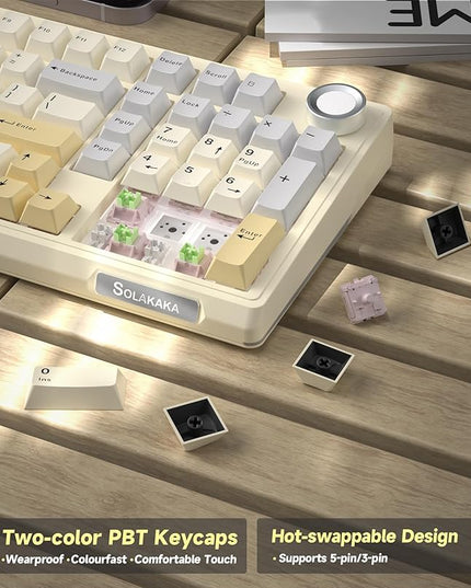 SOLAKAKA KI99 Pro 96% Wireless Gaming Keyboard, RGB Creamy Keyboardw with Knob, Hot-Swappable Pre-Lubed Switches, Gasket Structure Mechanical Keyboards (Beige-White, Non-Silent Version)