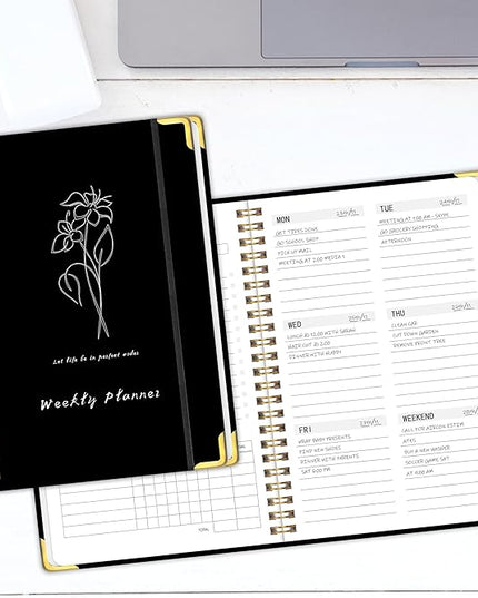 Undated Weekly Planner with Metal Corner Hardcover Notebook , A5 Size Journal with To Do List Planner, Habit Tracker,Weekly Goals for ADHD,Student, Office, Women, Men ,Gifts,6 x 8 inches，Spiral Bindding ,Black