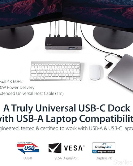 StarTech.com USB-C / USB-A Hybrid Docking Station for MacBook Pro / Air M1 M2 M3 M4 & Windows, Universal Dual 4K 60Hz HDMI DP Dock, Thunderbolt Compatible, 60W Laptop Charging