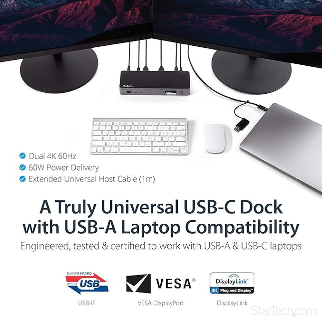 StarTech.com USB-C / USB-A Hybrid Docking Station for MacBook Pro / Air M1 M2 M3 M4 & Windows, Universal Dual 4K 60Hz HDMI DP Dock, Thunderbolt Compatible, 60W Laptop Charging