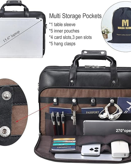 Masa Kawa Leather Briefcase for Men 17/15.6" Laptop Crossbody Shoulder Messenger Bag Business Travel Work Attache Case