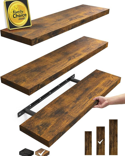 BAYKA Floating Shelves for Wall, 22.5 Inch Rustic Wood Wall Mounted Shelving for Bathroom, Bedroom, Living Room, Kitchen & Book, Hanging Display Decor Shelf with 22 lbs (Rustic Brown,Set of 3)